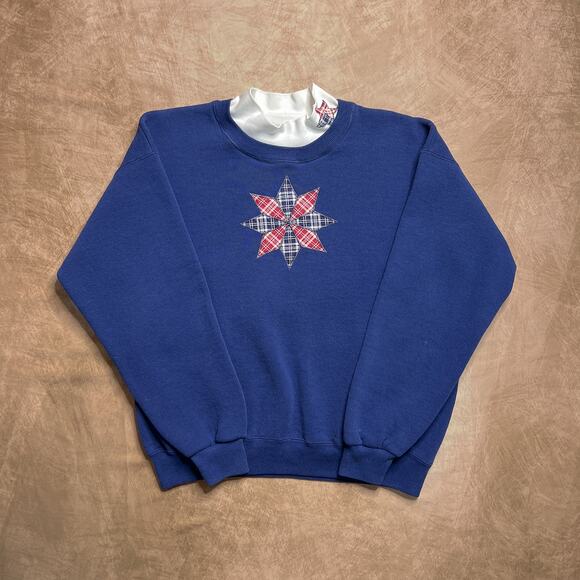 Vintage 90s Lee Heavyweight Quilted Star Mock Sweater Blue Women's L Americana - Picture 1 of 8